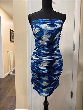 Miscreants Blue & White Abstract Strapless Dress